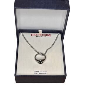 True Religion Brand Jeans Logo Necklace Ring Pendant Stainless Steel 20 + 2" NEW